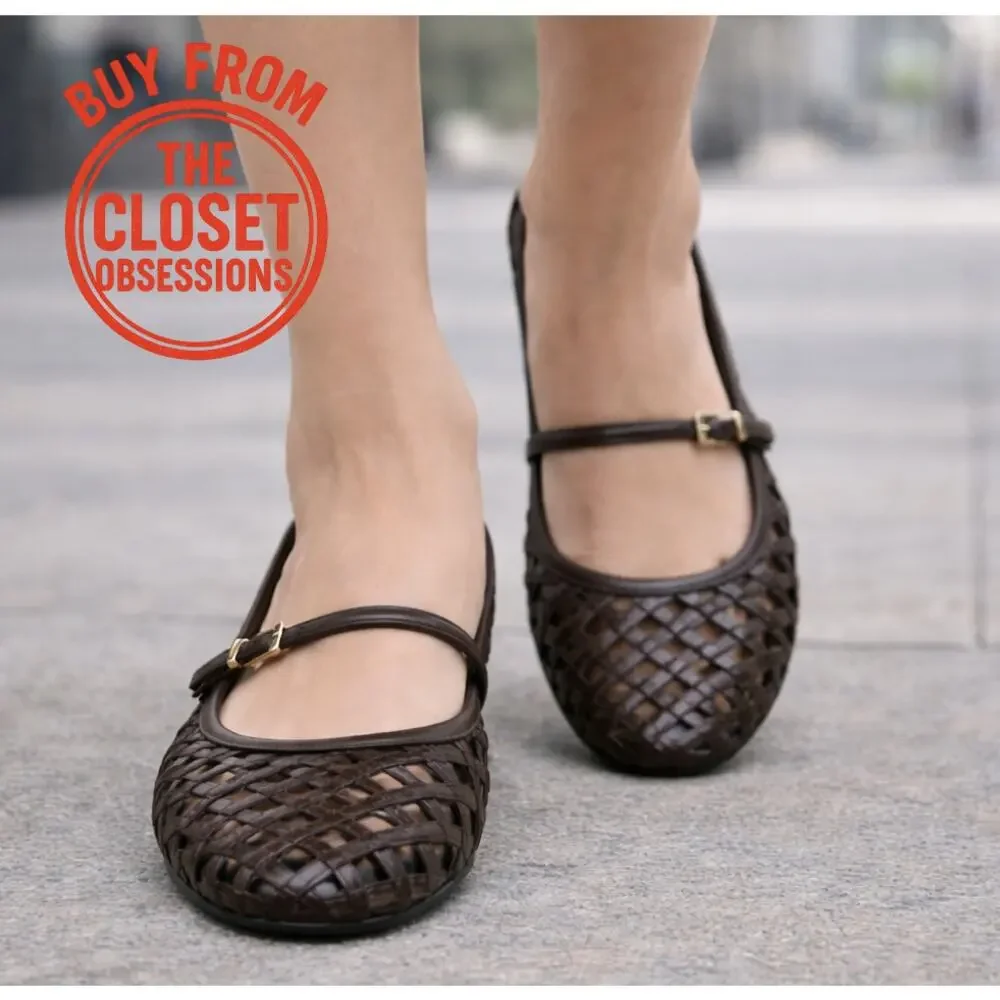 Zara Dark Brown Woven Mary Jane Flats - Picture 4 of 14